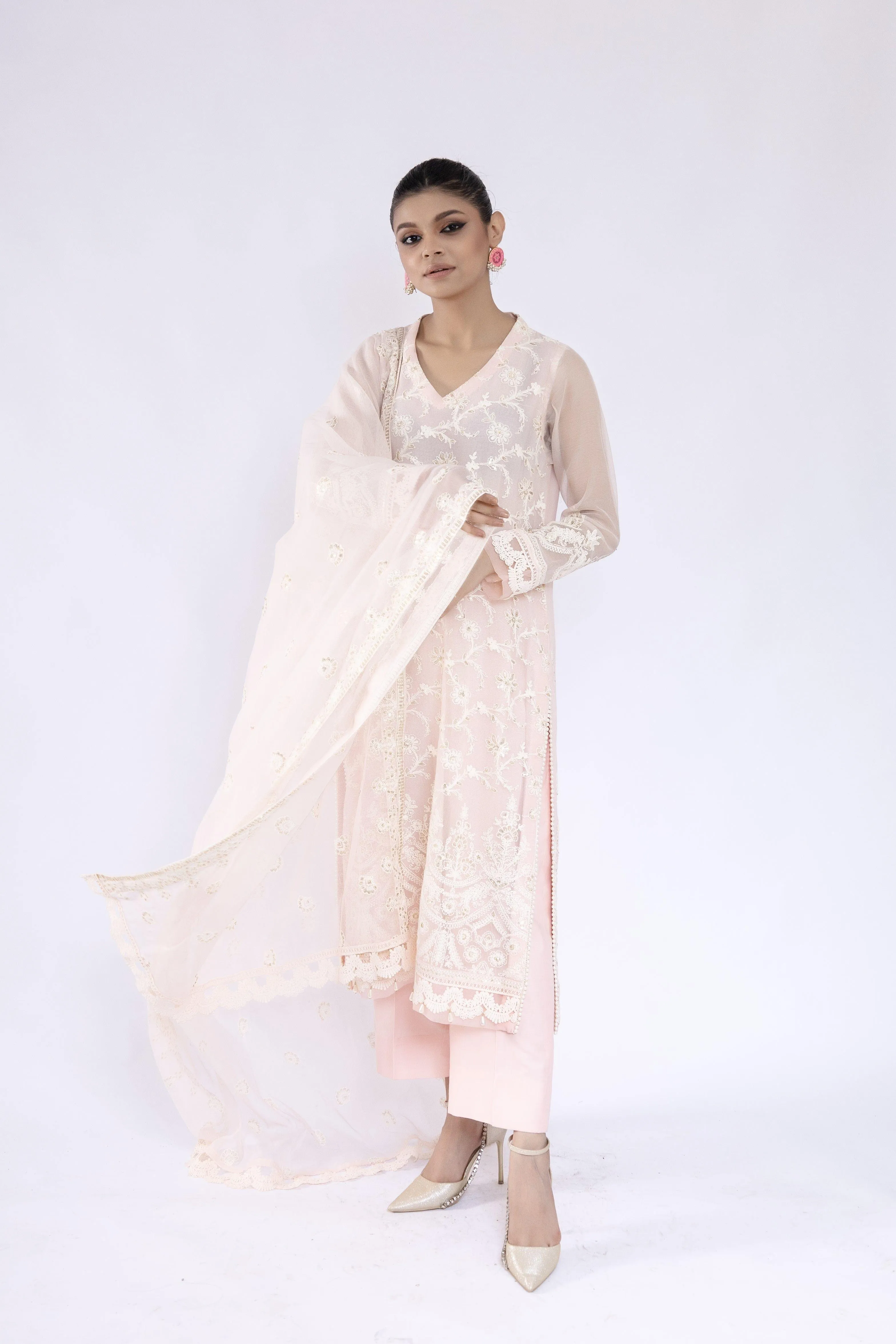 Sadia Aamir - Inara - Powder Pink Khaddi Net Shirt and Dupatta with Culottes - 3 Piece