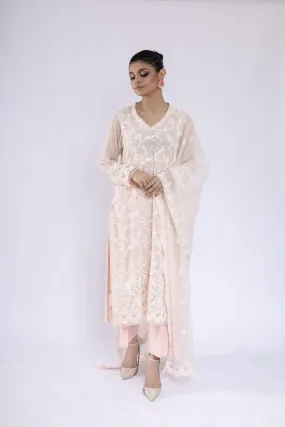 Sadia Aamir - Inara - Powder Pink Khaddi Net Shirt and Dupatta with Culottes - 3 Piece