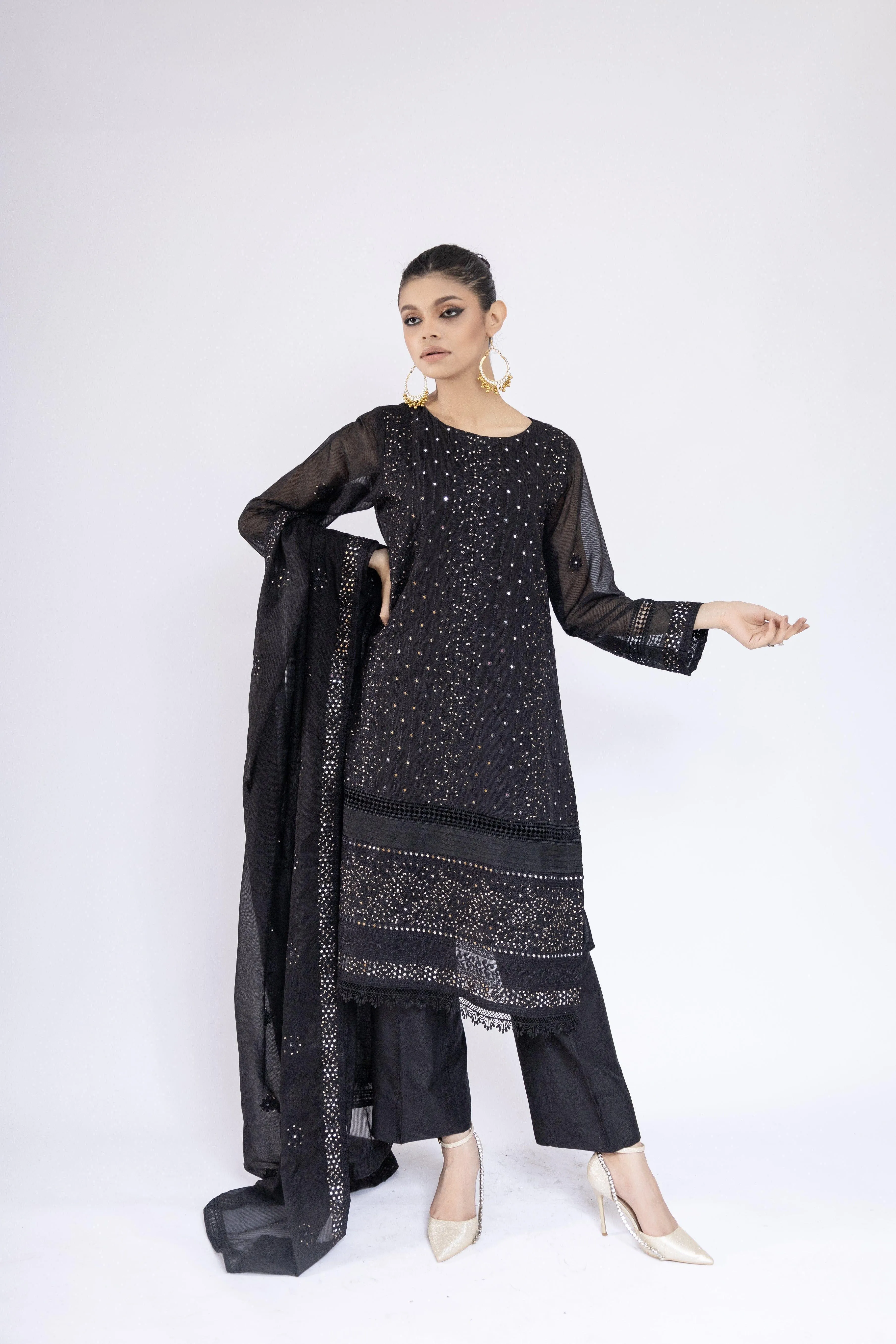 Sadia Aamir - Lailah - Black Organza Embroidered Shirt and Dupatta with Culottes - 3 Piece