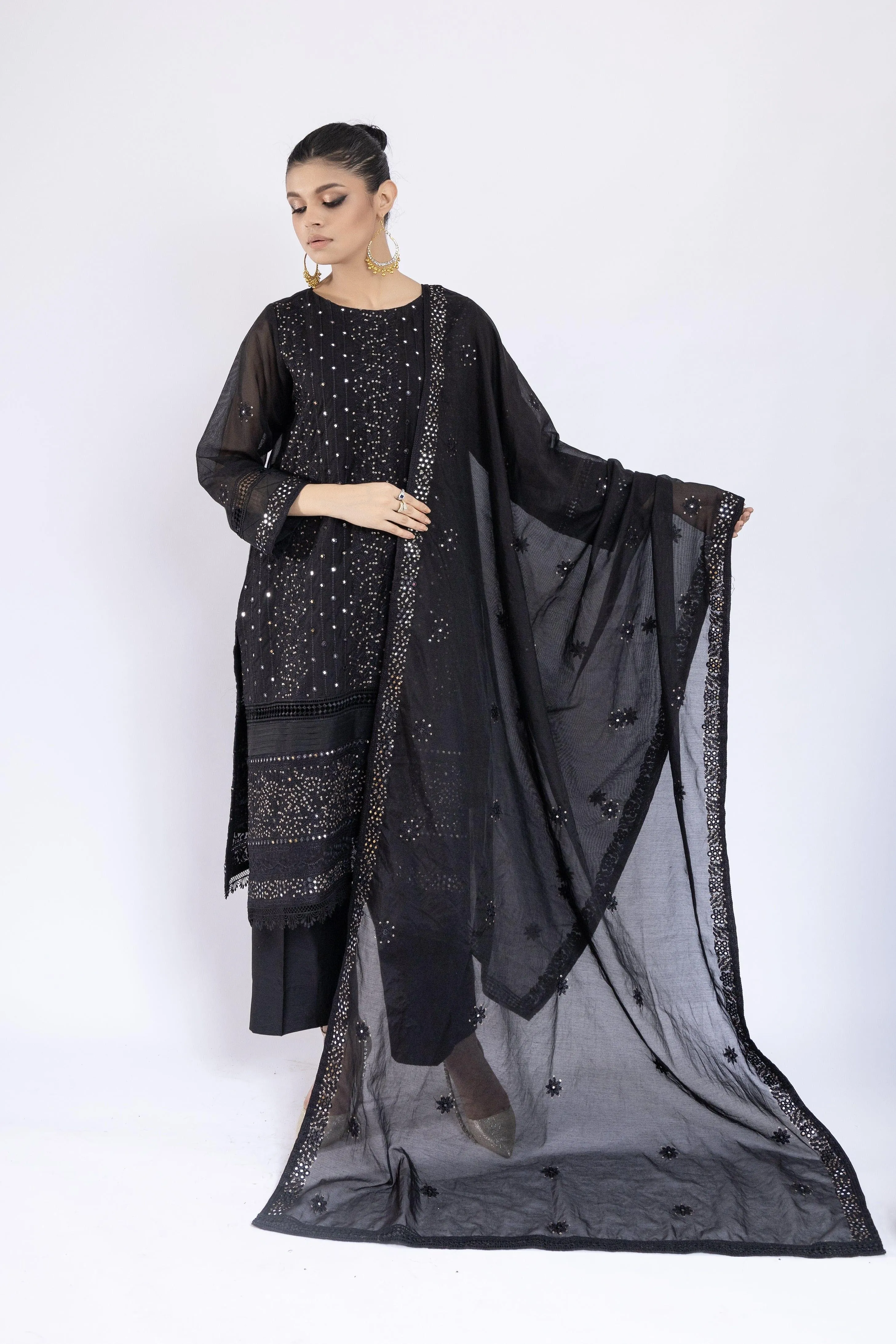 Sadia Aamir - Lailah - Black Organza Embroidered Shirt and Dupatta with Culottes - 3 Piece