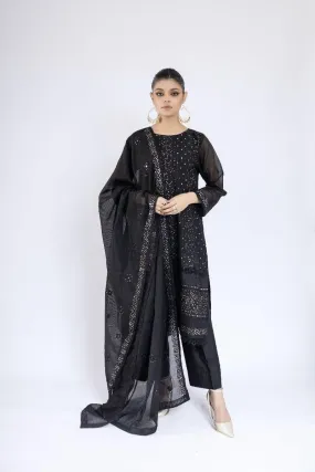 Sadia Aamir - Lailah - Black Organza Embroidered Shirt and Dupatta with Culottes - 3 Piece