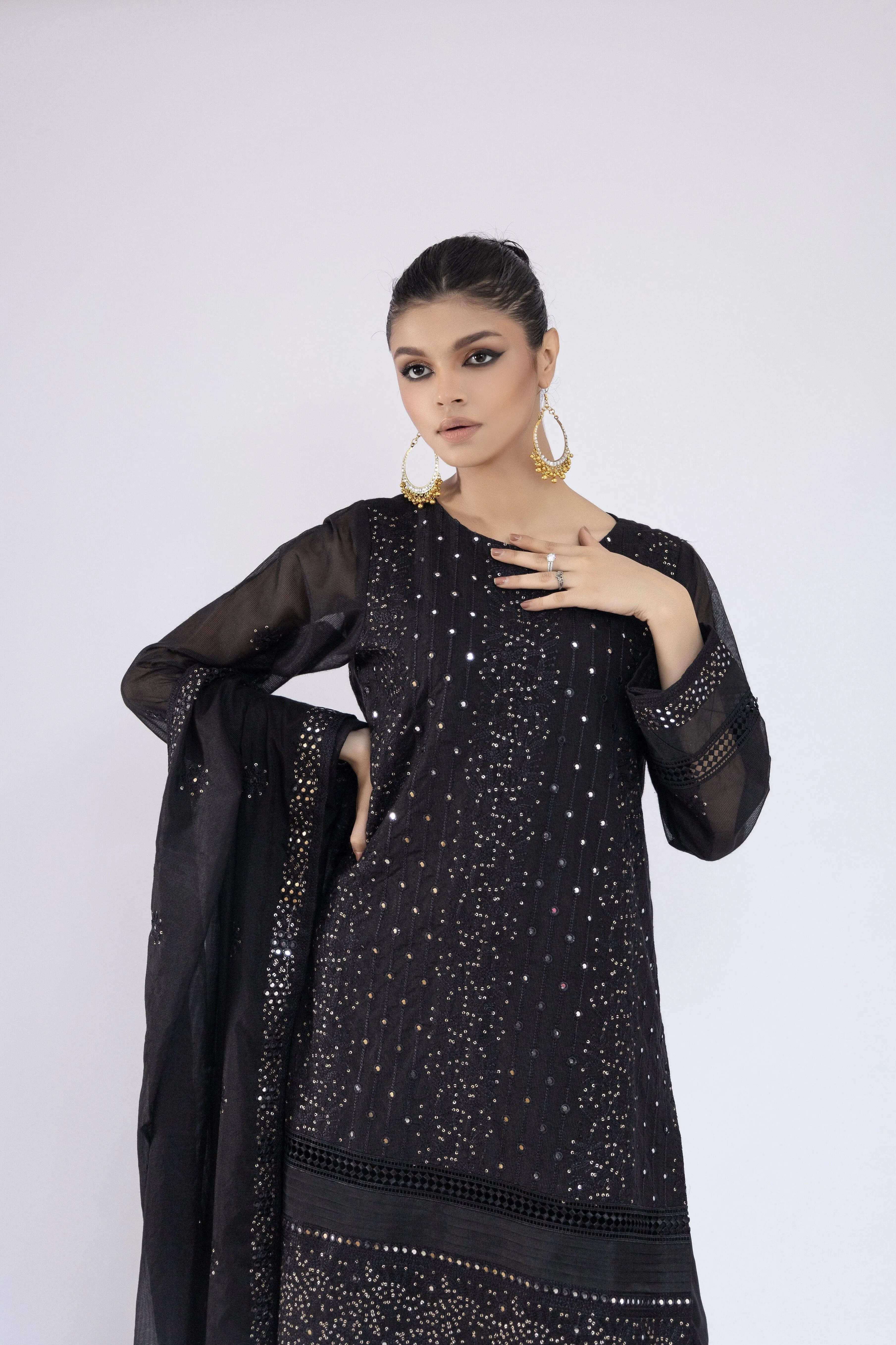 Sadia Aamir - Lailah - Black Organza Embroidered Shirt and Dupatta with Culottes - 3 Piece