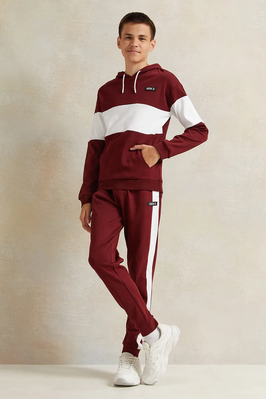 Senior Boys Burgundy And White Hooded Sweatshirt