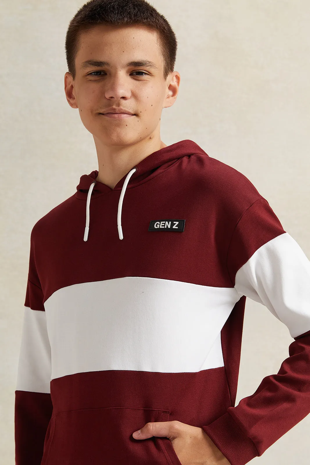 Senior Boys Burgundy And White Hooded Sweatshirt