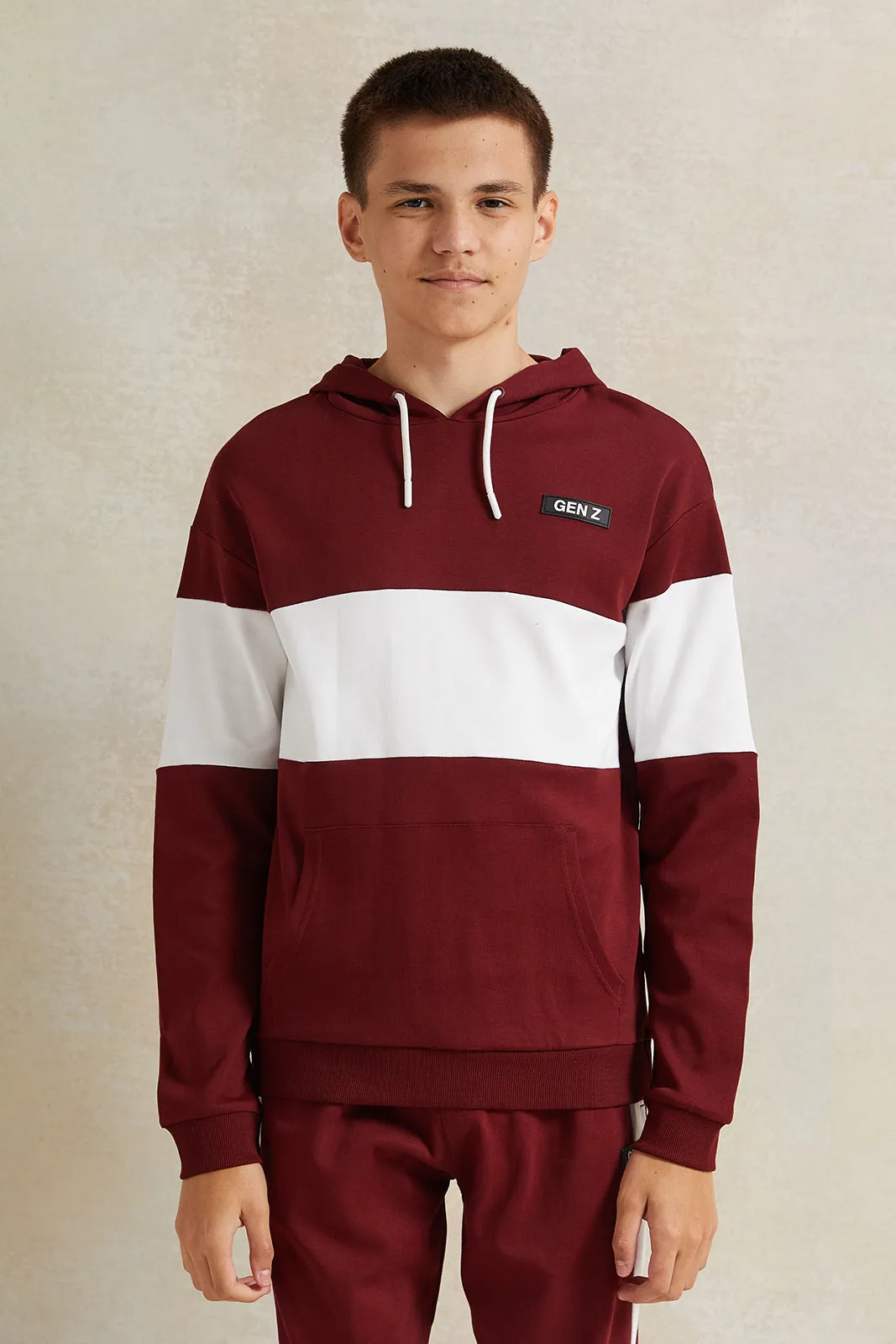 Senior Boys Burgundy And White Hooded Sweatshirt