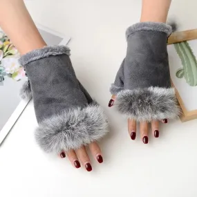 Sexy Faux Rabbit Fur Warm Wrist Fingerless Suede Winter Warmer Christmas Glove