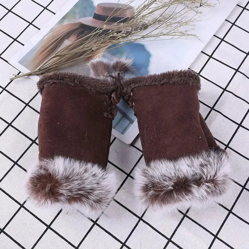 Sexy Faux Rabbit Fur Warm Wrist Fingerless Suede Winter Warmer Christmas Glove