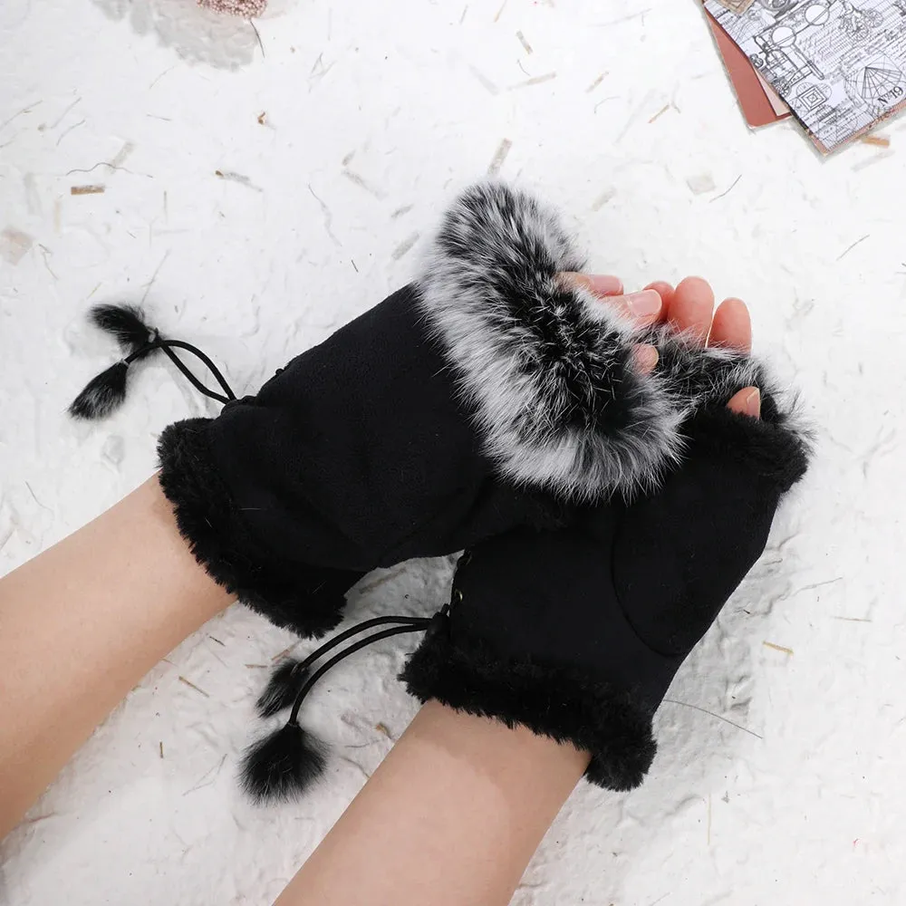 Sexy Faux Rabbit Fur Warm Wrist Fingerless Suede Winter Warmer Christmas Glove