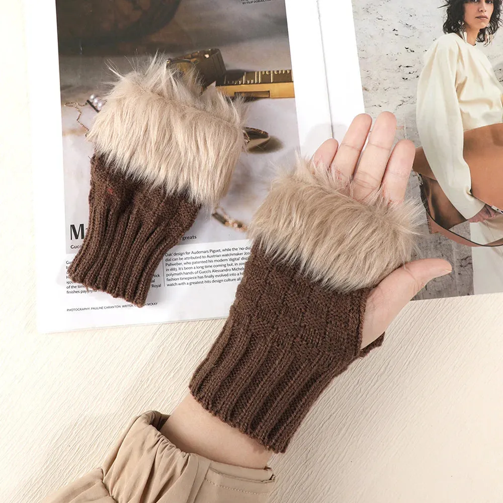 Sexy Faux Rabbit Fur Warm Wrist Fingerless Suede Winter Warmer Christmas Glove