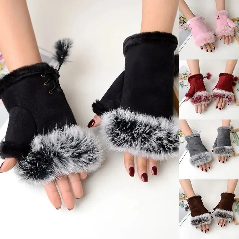 Sexy Faux Rabbit Fur Warm Wrist Fingerless Suede Winter Warmer Christmas Glove