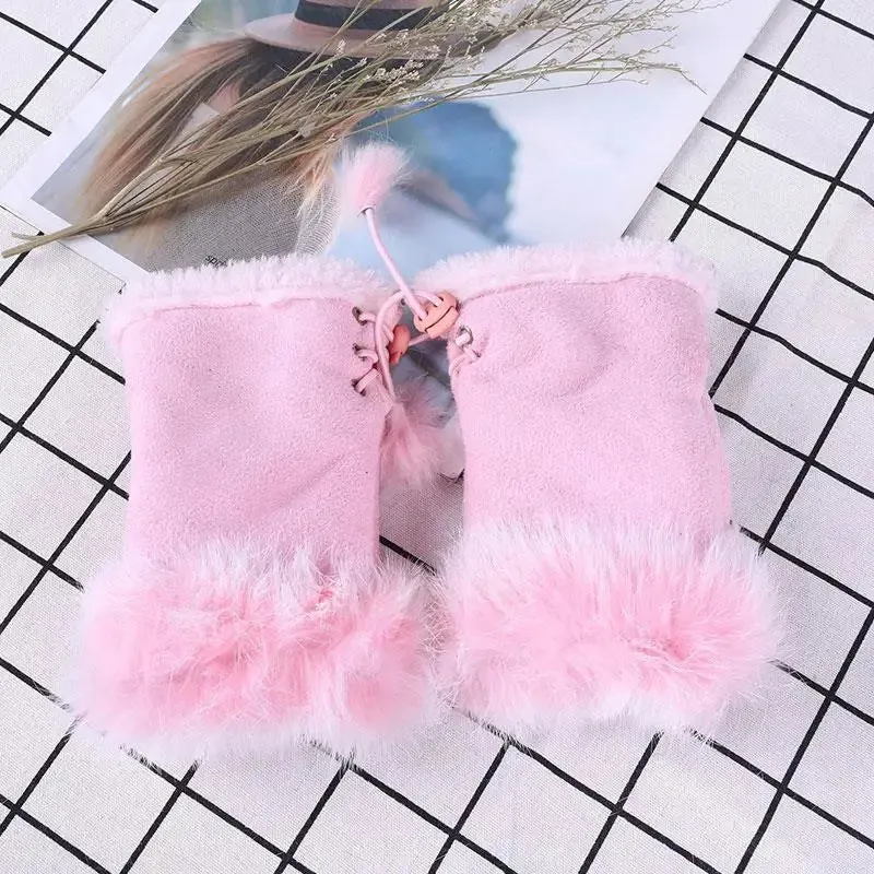 Sexy Faux Rabbit Fur Warm Wrist Fingerless Suede Winter Warmer Christmas Glove