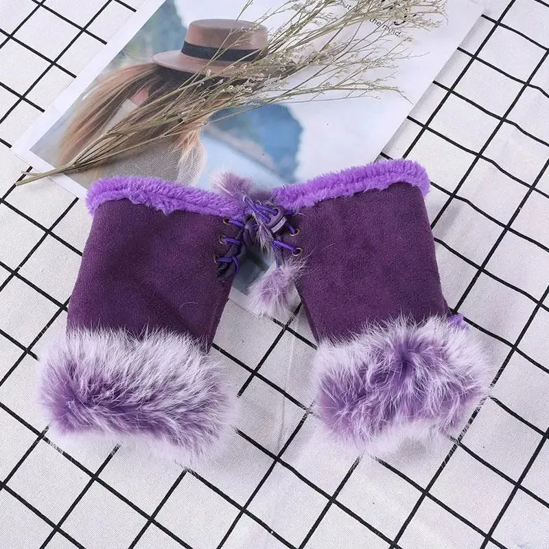 Sexy Faux Rabbit Fur Warm Wrist Fingerless Suede Winter Warmer Christmas Glove