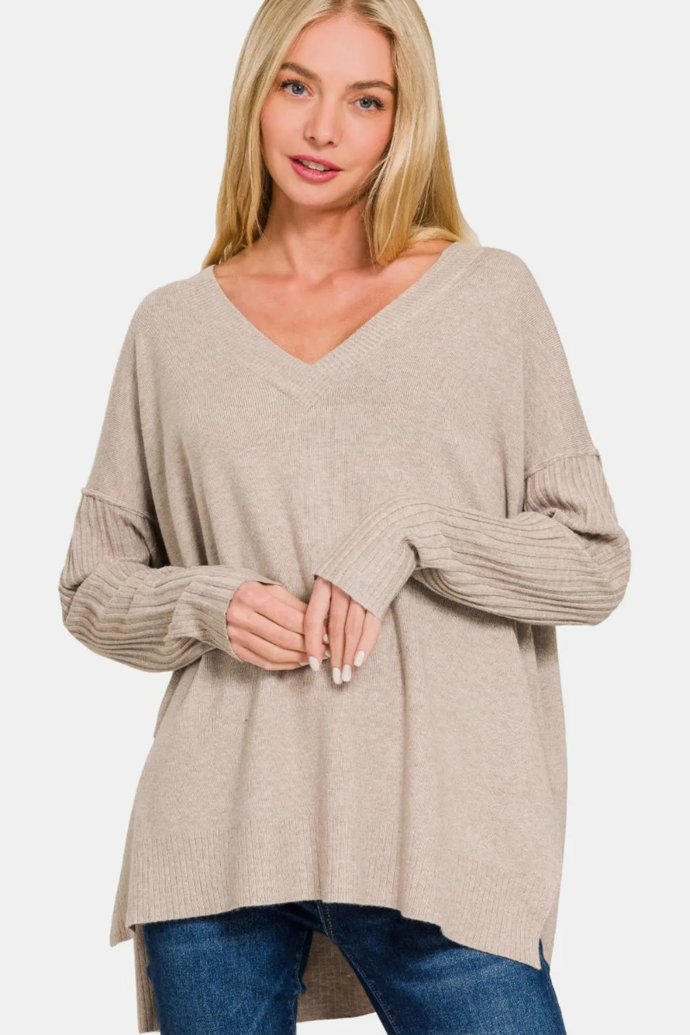 Shawna Mocha V-Neck Side Slit High-Low Sweater