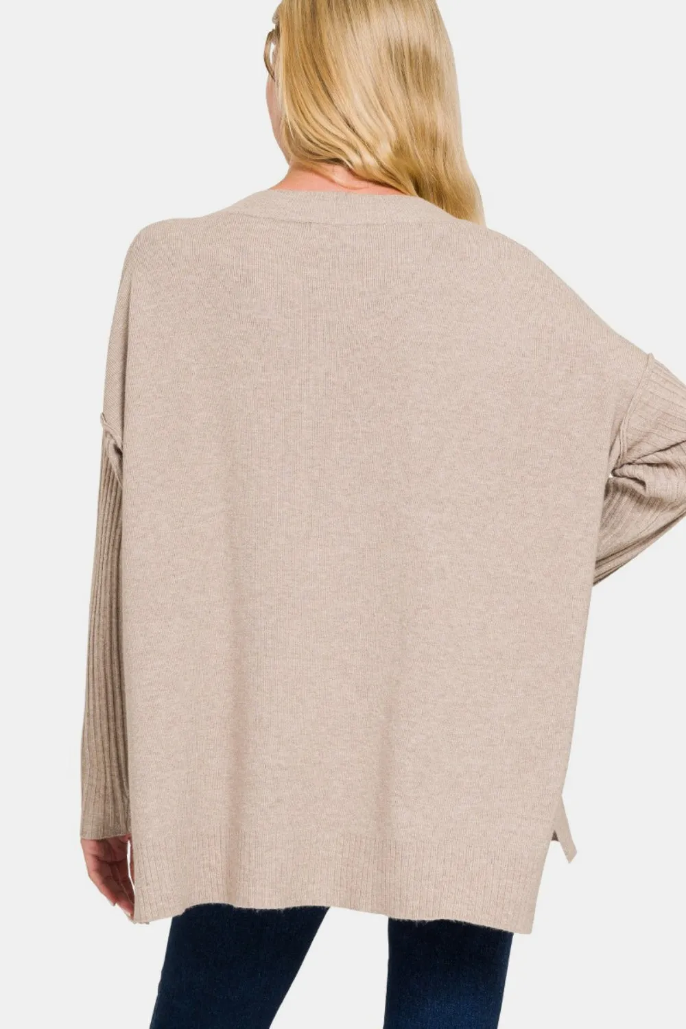 Shawna Mocha V-Neck Side Slit High-Low Sweater