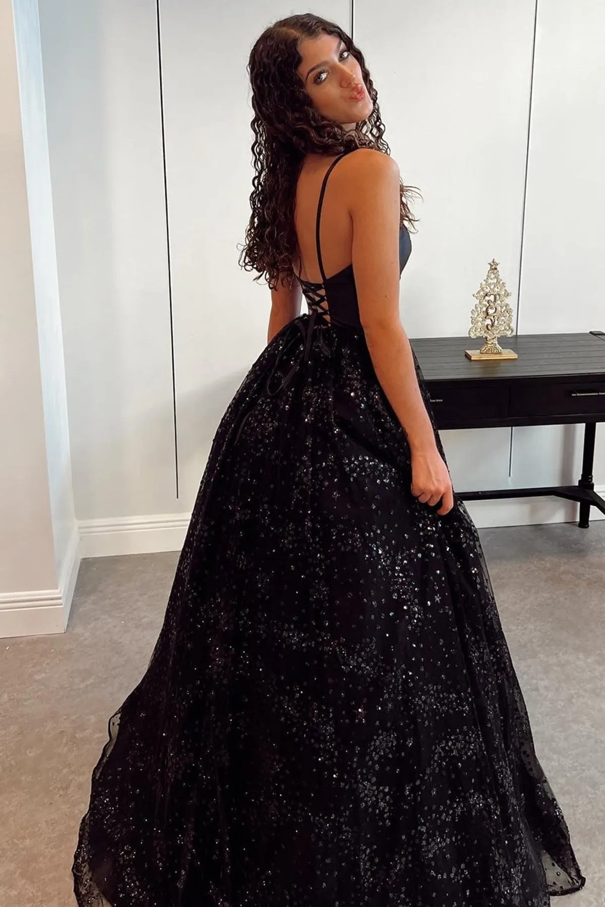 Shiny Black Sequins Tulle V Neck Open Back Long Prom Dress, V Neck Black Formal Dress, Sparkly Black Evening Dress A1483