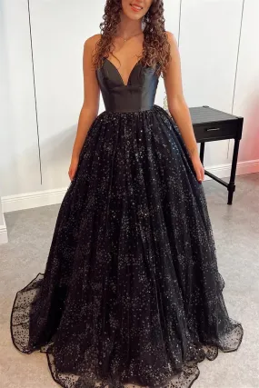 Shiny Black Sequins Tulle V Neck Open Back Long Prom Dress, V Neck Black Formal Dress, Sparkly Black Evening Dress A1483