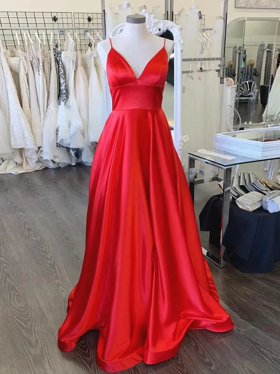 Simple A Line V Neck Backless Red Long Prom, Backless Red Formal, V Neck Red Evening