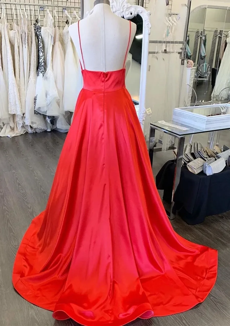 Simple A Line V Neck Backless Red Long Prom, Backless Red Formal, V Neck Red Evening