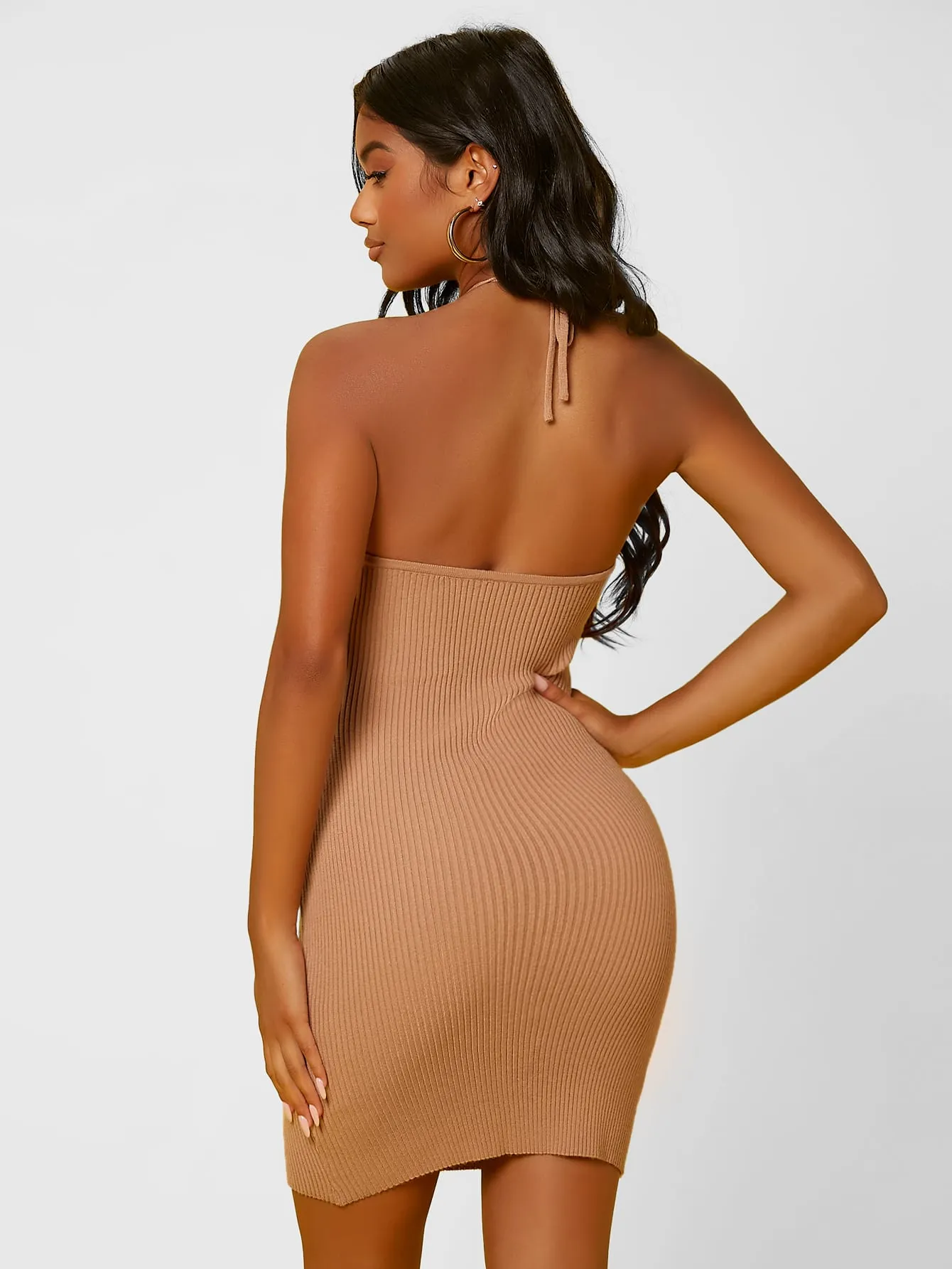 Sleeveless Rib-knit Tie Backless Slim Fit Sweater Halter Dress