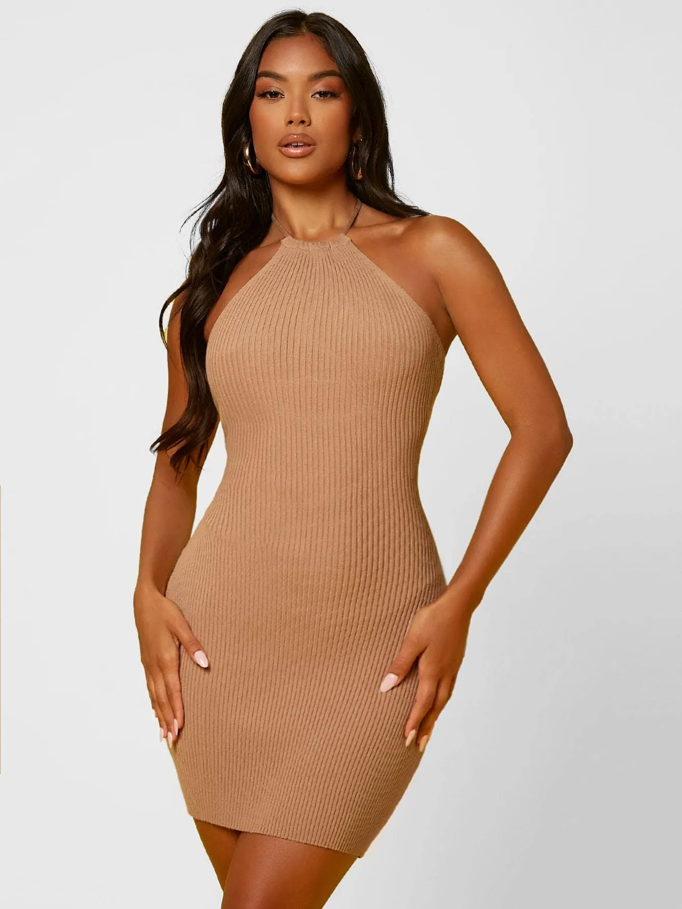 Sleeveless Rib-knit Tie Backless Slim Fit Sweater Halter Dress