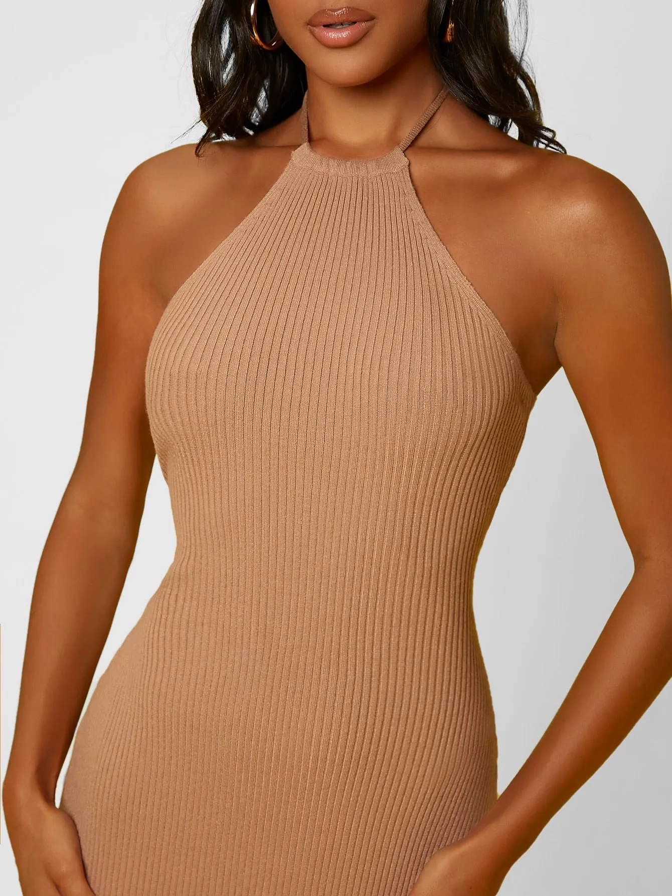 Sleeveless Rib-knit Tie Backless Slim Fit Sweater Halter Dress