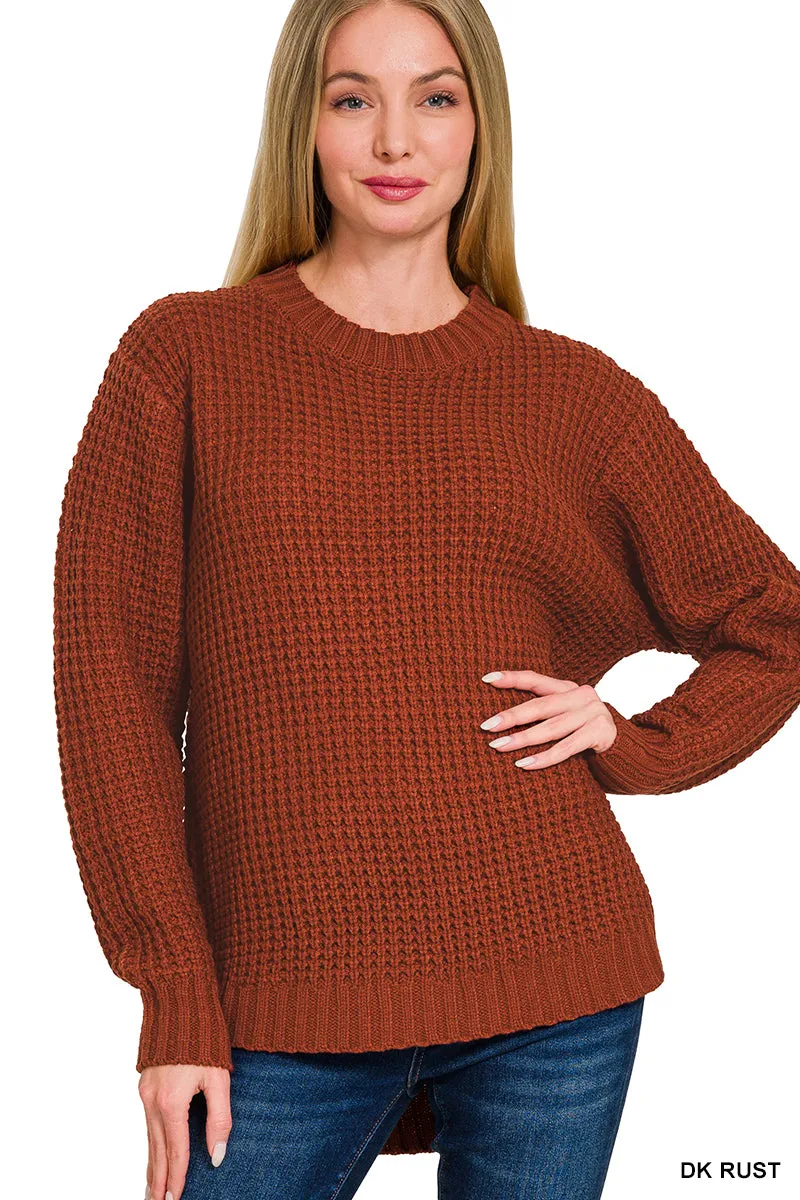 Sloan Hi Low Round Neck Waffle Knit Sweater