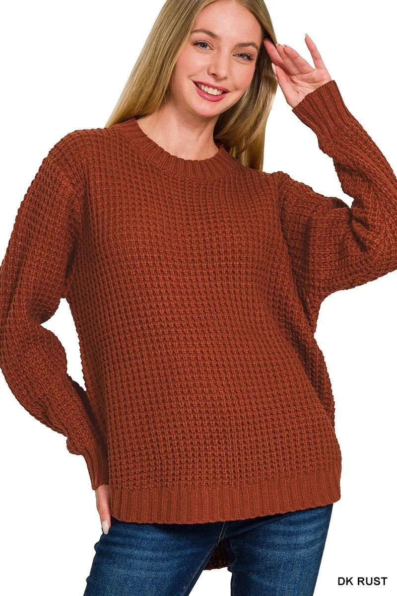 Sloan Hi Low Round Neck Waffle Knit Sweater