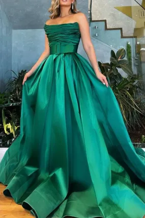 Strapless Pleated Green/Black Satin Long Prom Dress, Long Green/Black Formal Graduation Evening Dress A1961