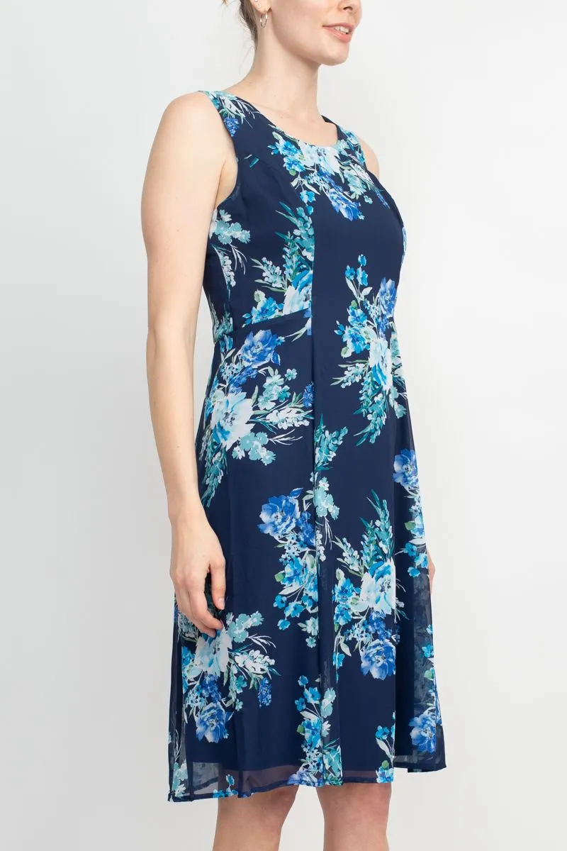 Studio One Crew Neck Sleeveless Bodycon Floral Print Chiffon Dress with 3/4 Sleeve Textured Bolero