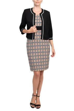 Studio One scoop neck sleeveless bodycon chevron pattern knit dress with ¾ sleeve open front jacket