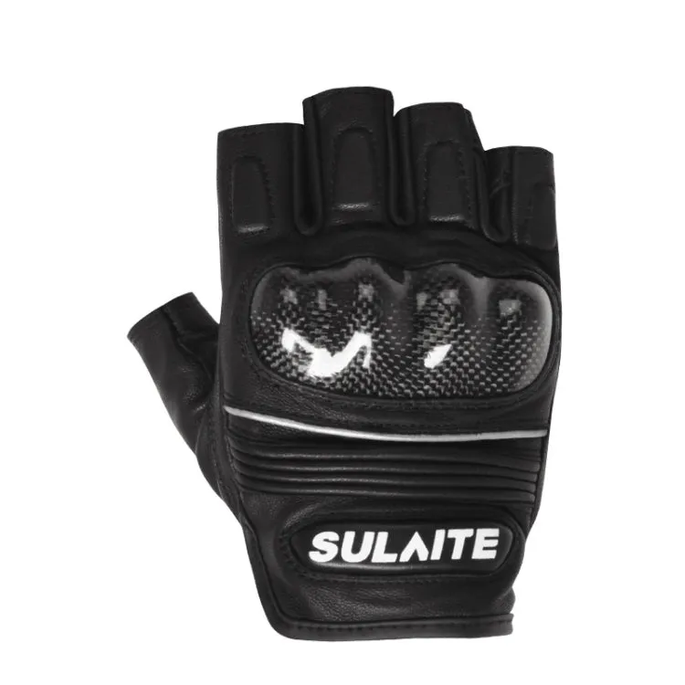 SULAITE Motorcycle Sheepskin Carbon Fiber Breathable Half-finger Riding Gloves, Size: L(Black)