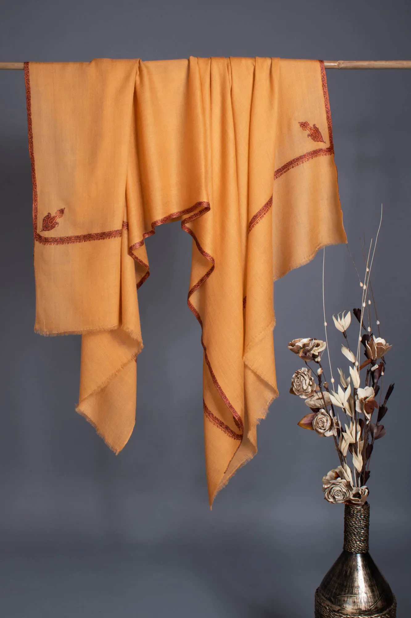 Tangerine Hand Embroidered Baildar Pashmina Shawl - MISSISSAUGA