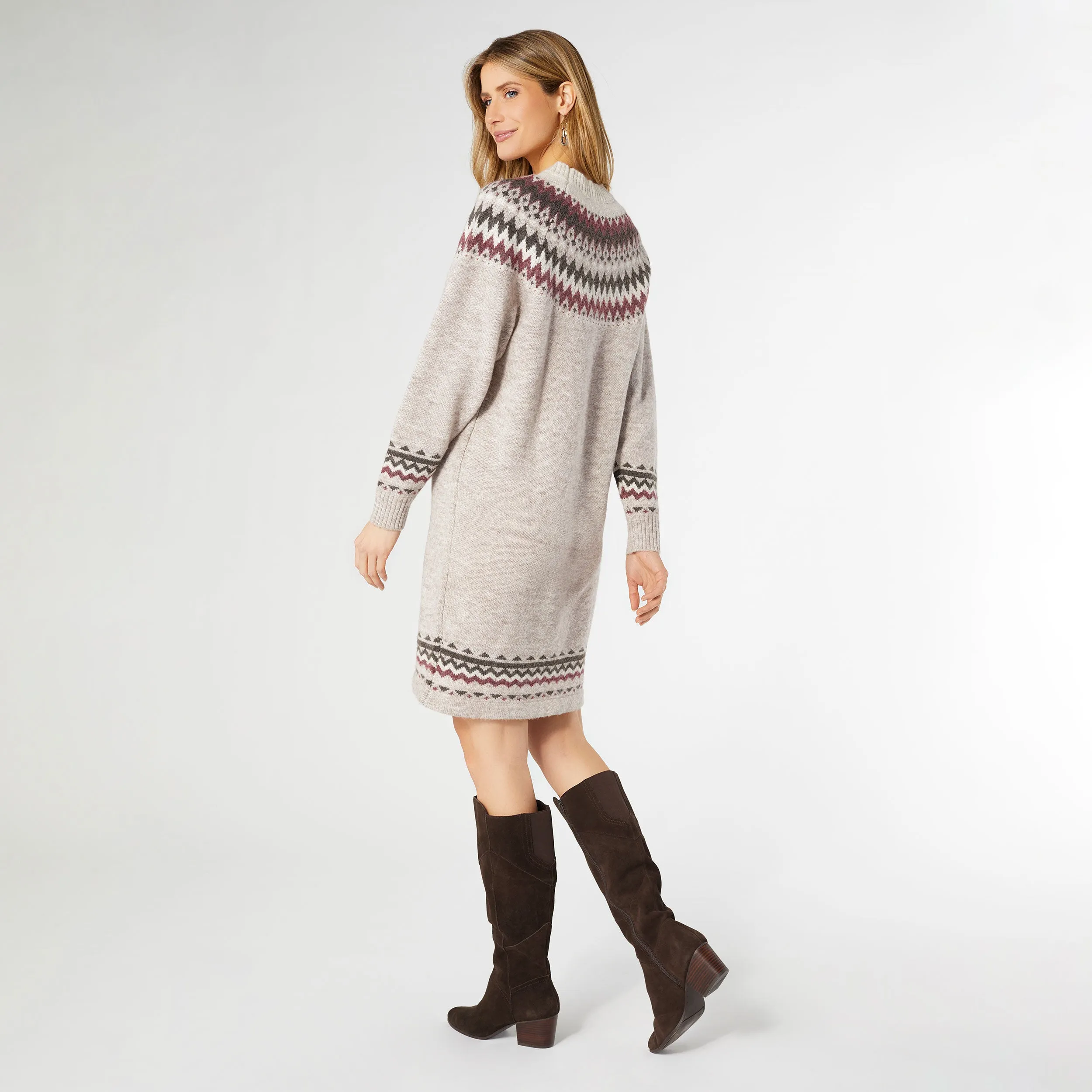 Taupe, Cream, & Wine Fair Isle Sweater Dress