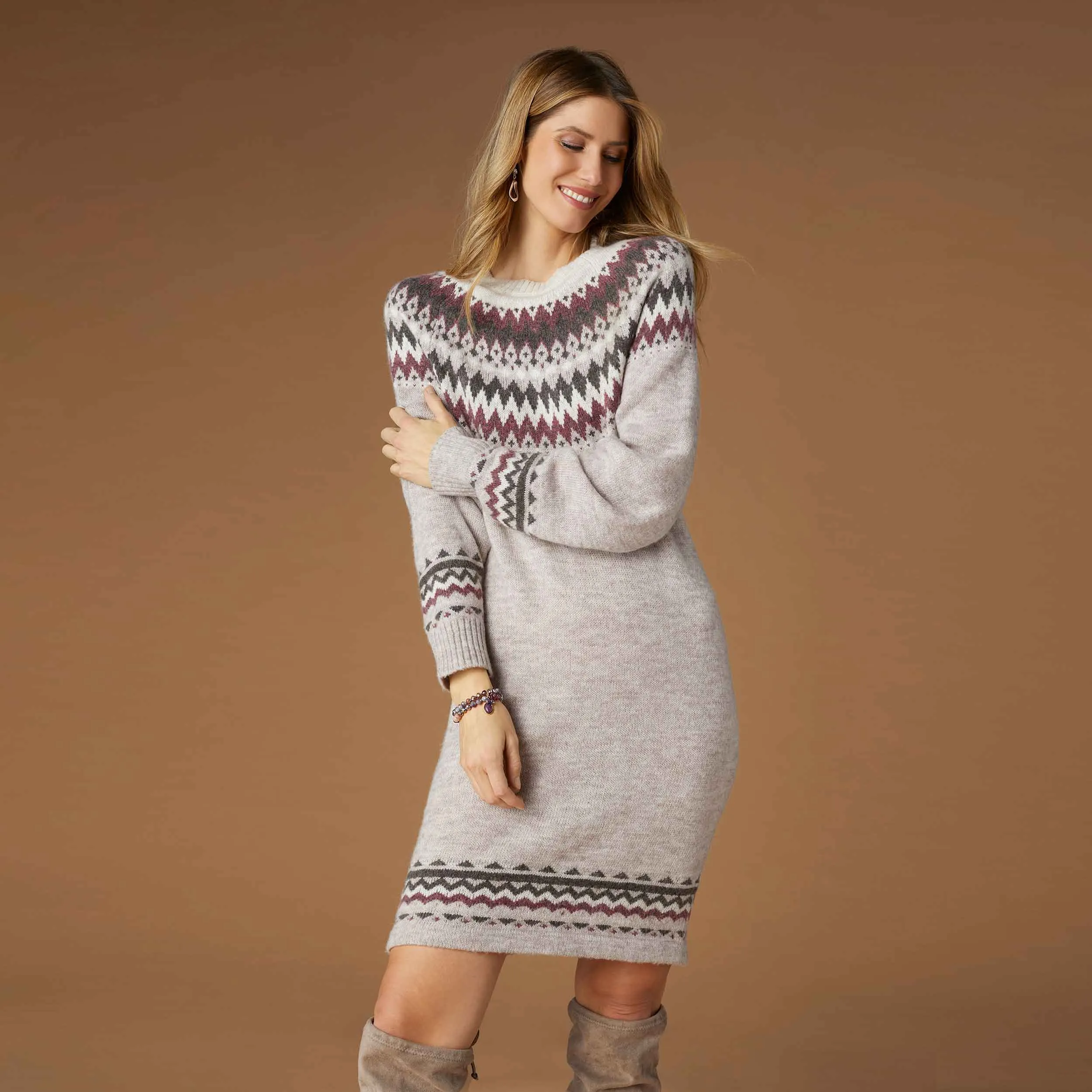 Taupe, Cream, & Wine Fair Isle Sweater Dress