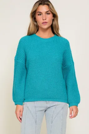 Teal Waffle Stitch Round Neck Sweater