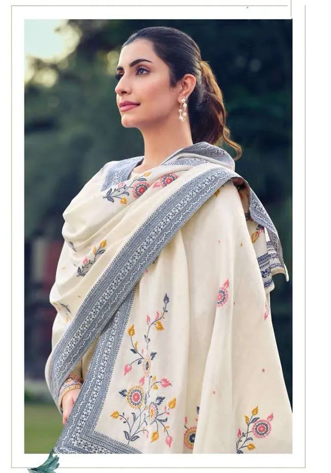 Unstitched Printed White Pashmina Winter Suit Dress Material for Women