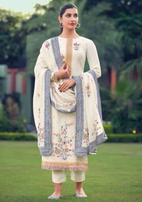 Unstitched Printed White Pashmina Winter Suit Dress Material for Women