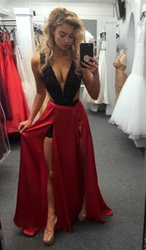 V Neck 2 Pieces Black Lace and Red Satin Long Prom with Detachable Train High Slit, Graduation, Formal