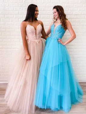 V Neck Backless Pink/Light Blue Lace Long Prom, Open Back Pink/Light Blue Lace Formal, Pink/Light Blue Lace Evening