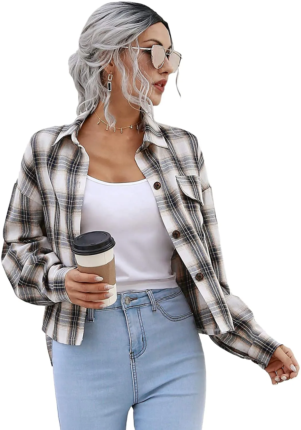 Verdusa Women's Drop Shoulder Button Front Plaid Overshirt Short Jacket