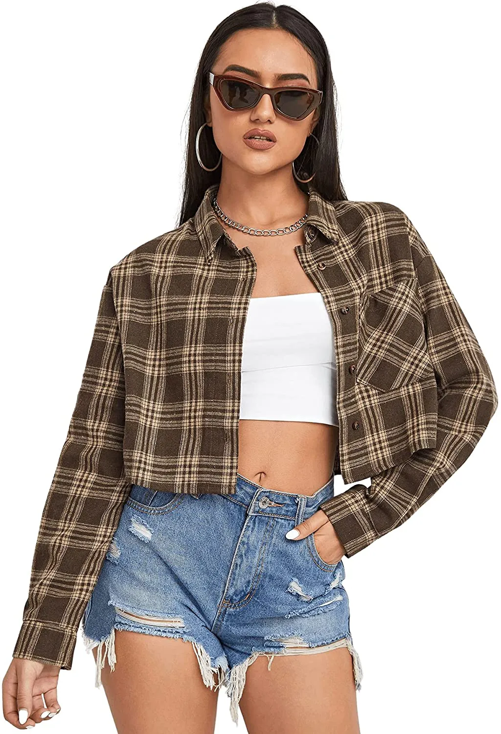 Verdusa Women's Drop Shoulder Button Front Plaid Overshirt Short Jacket