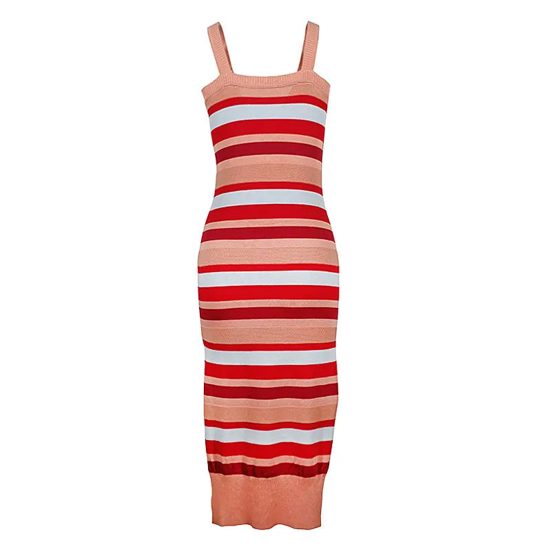 Vintage Red Striped Scoop Neck Pointelle Knit Sweater Midi Dress