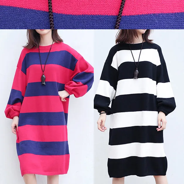 white black striped woolen cozy sweater dresses plus size casual women knit shift dress