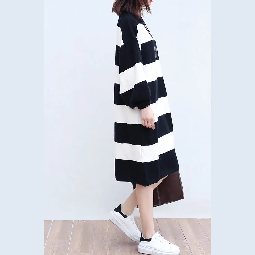 white black striped woolen cozy sweater dresses plus size casual women knit shift dress