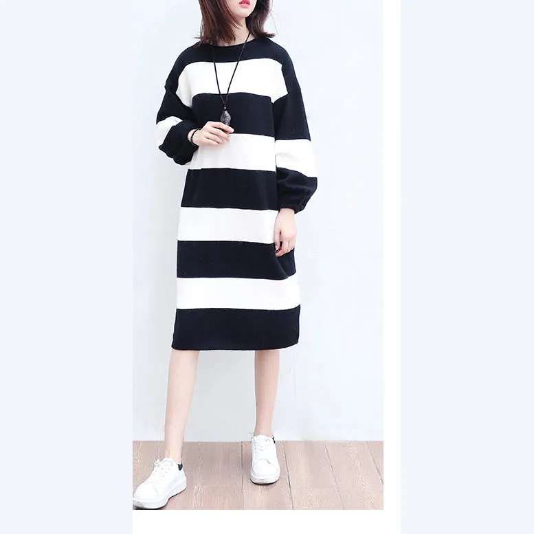 white black striped woolen cozy sweater dresses plus size casual women knit shift dress