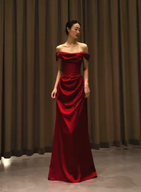 Wine Red Satin Off Shoulder Floor Length Prom Dress, Wine Red Party Dress