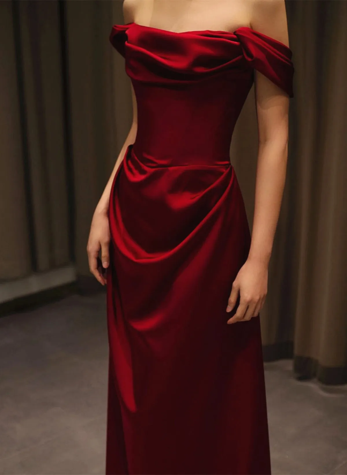 Wine Red Satin Off Shoulder Floor Length Prom Dress, Wine Red Party Dress