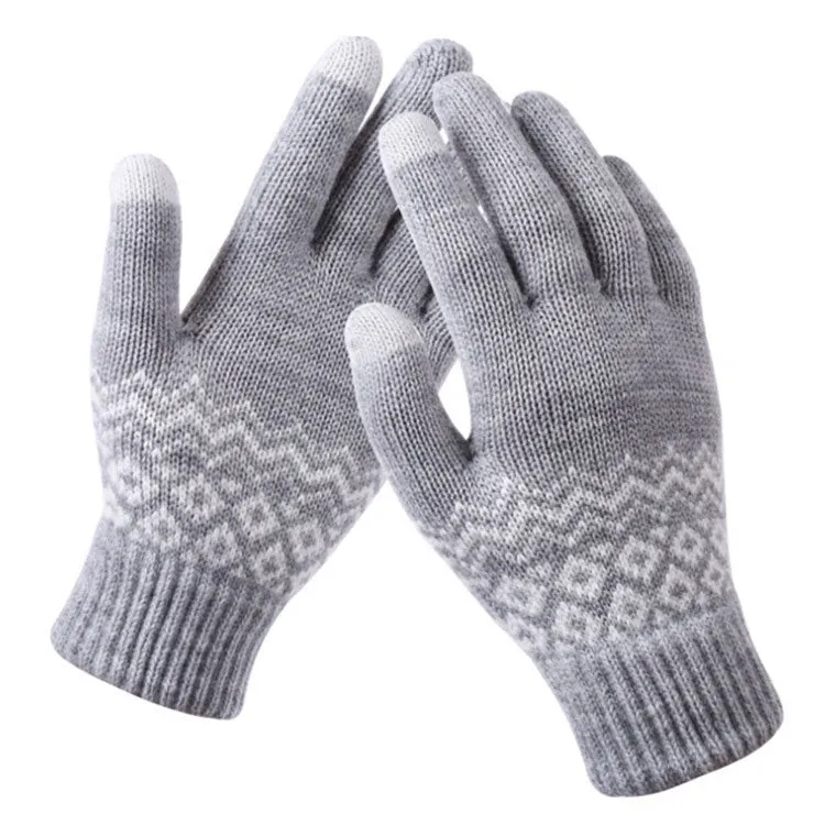 Winter Touch Screen Gloves Women Men Warm Stretch Knit Mittens Imitation Wool Thicken Full Finger Gloves(A-Grey)