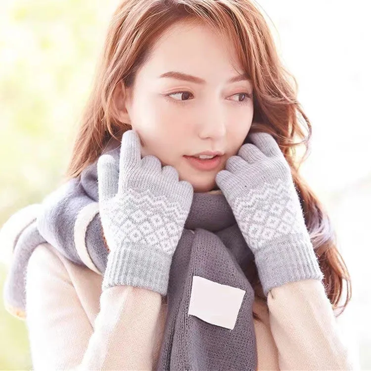 Winter Touch Screen Gloves Women Men Warm Stretch Knit Mittens Imitation Wool Thicken Full Finger Gloves(A-Grey)