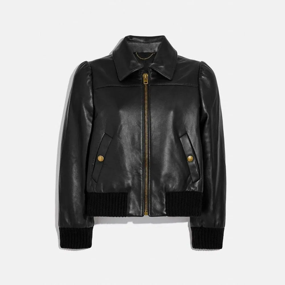 Women Black  Shearling Aviator Leather Bomber Jacket